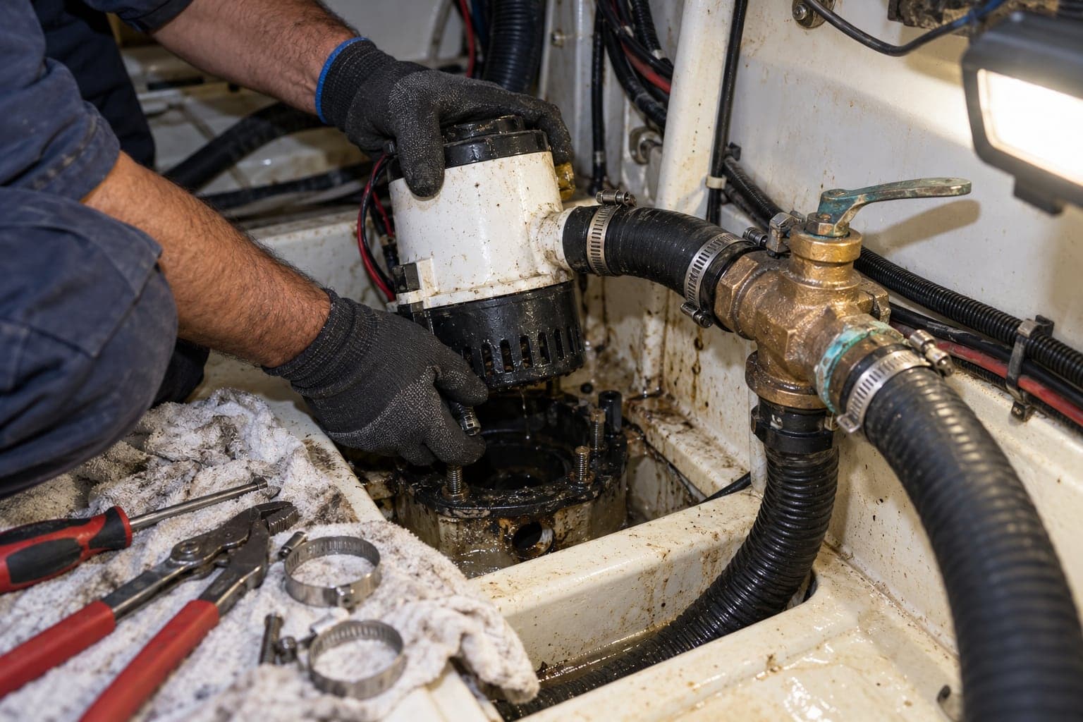 Sintinede pompa ve bronz deniz suyu vanasının sökülmesi
